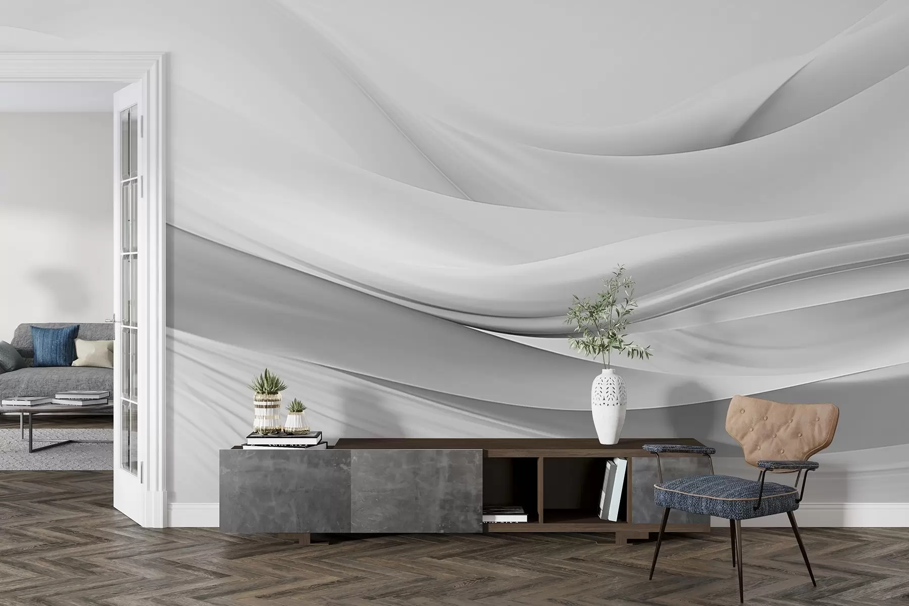 wall murals Сиви таласи од тканине у минималистичком апстрактном стилу w09279v1