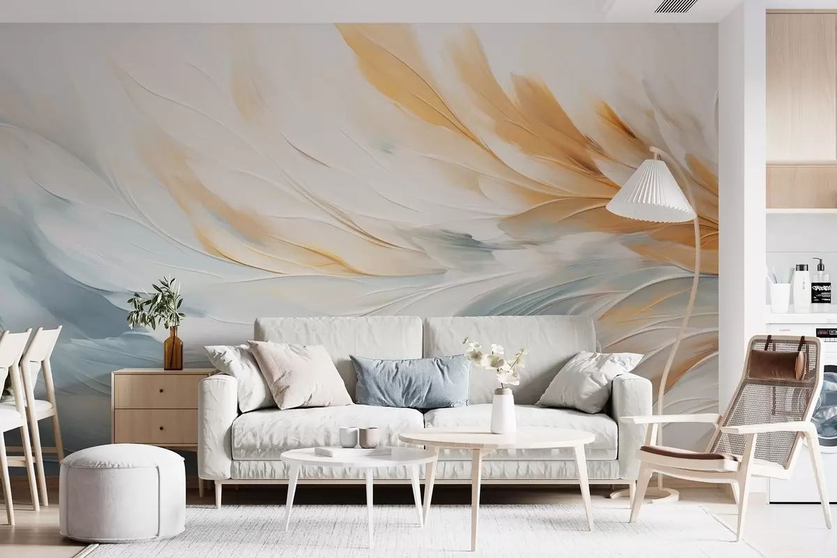 wall murals Апстрактно перје у меким плавим и наранџастим тоновима w09283