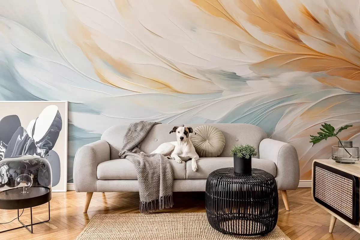wall murals Апстрактно перје у меким плавим и наранџастим тоновима w09283
