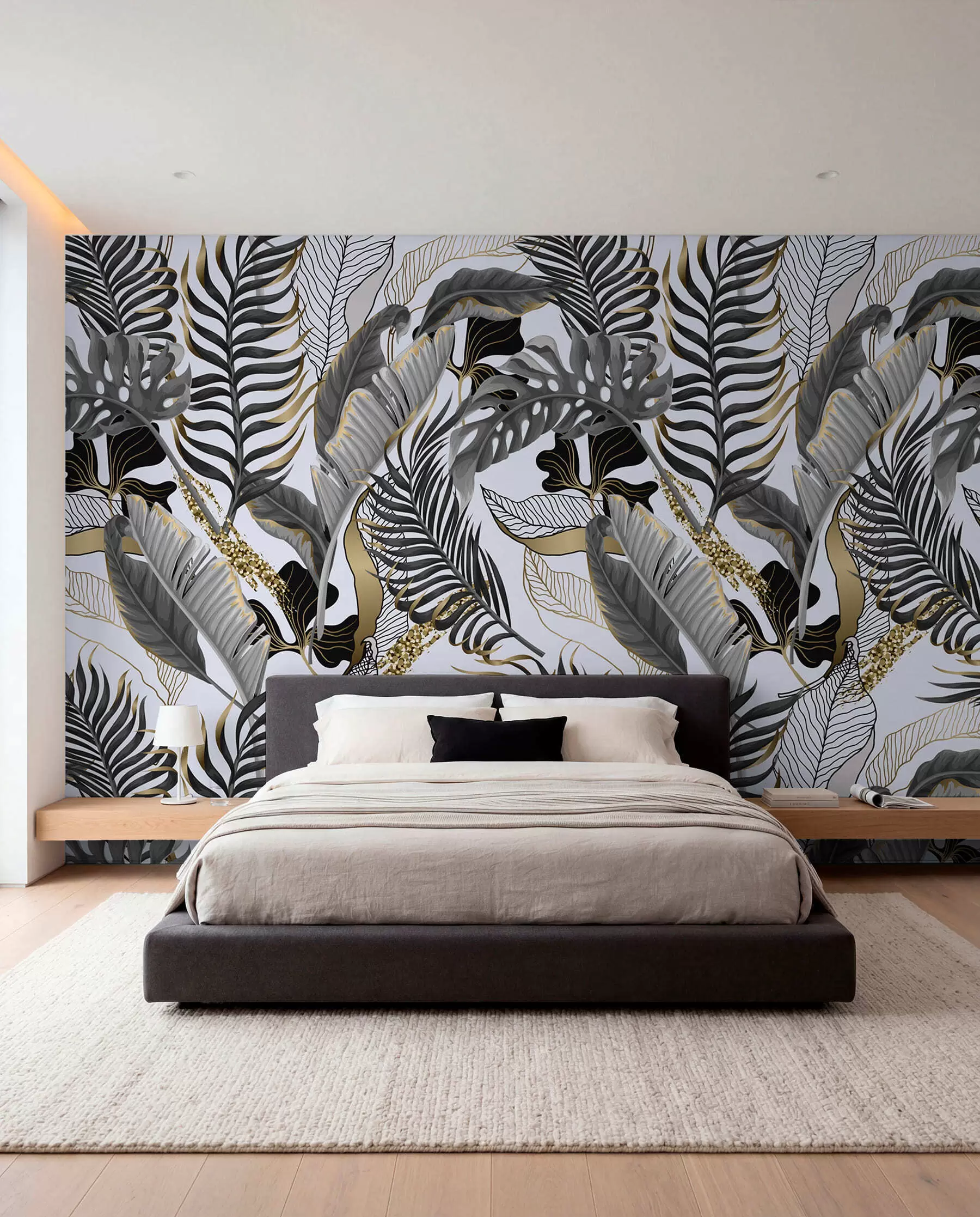 wall murals Тропско лишће сиво на белој позадини u71888