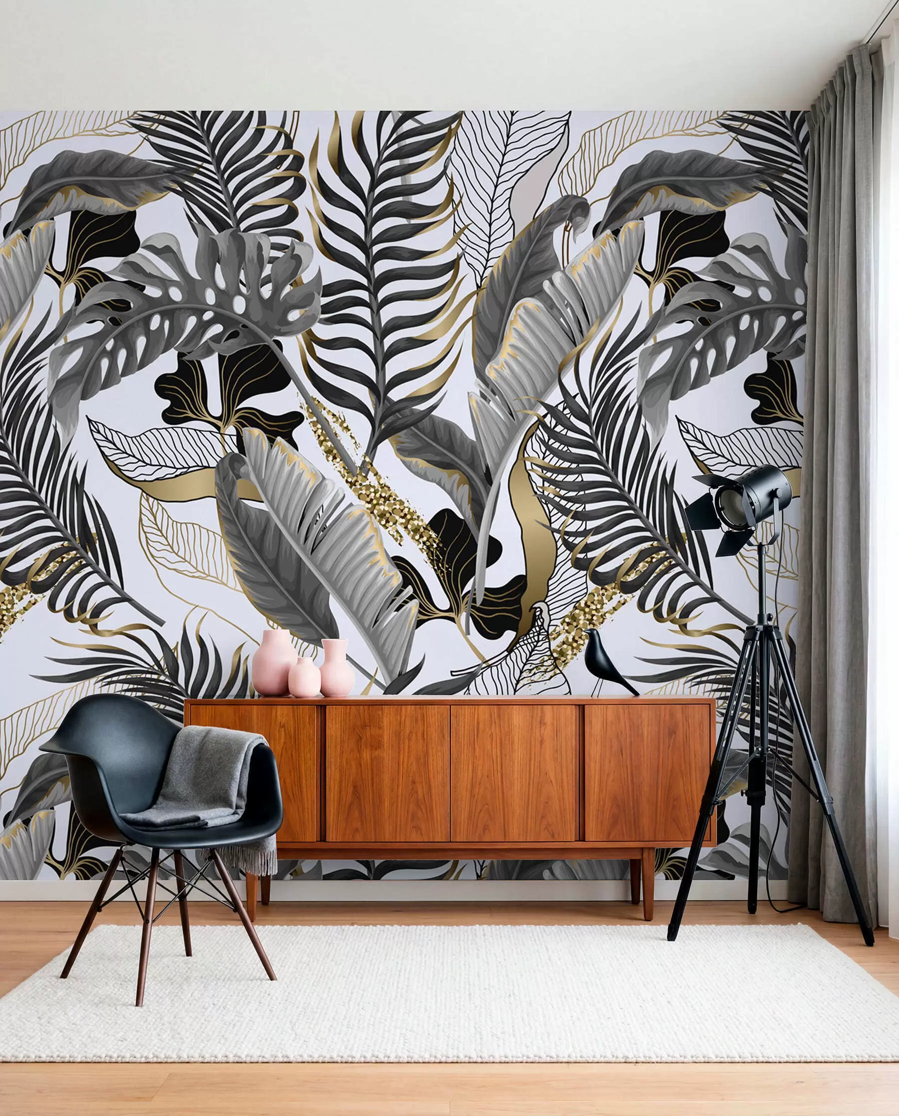 wall murals Тропско лишће сиво на белој позадини u71888