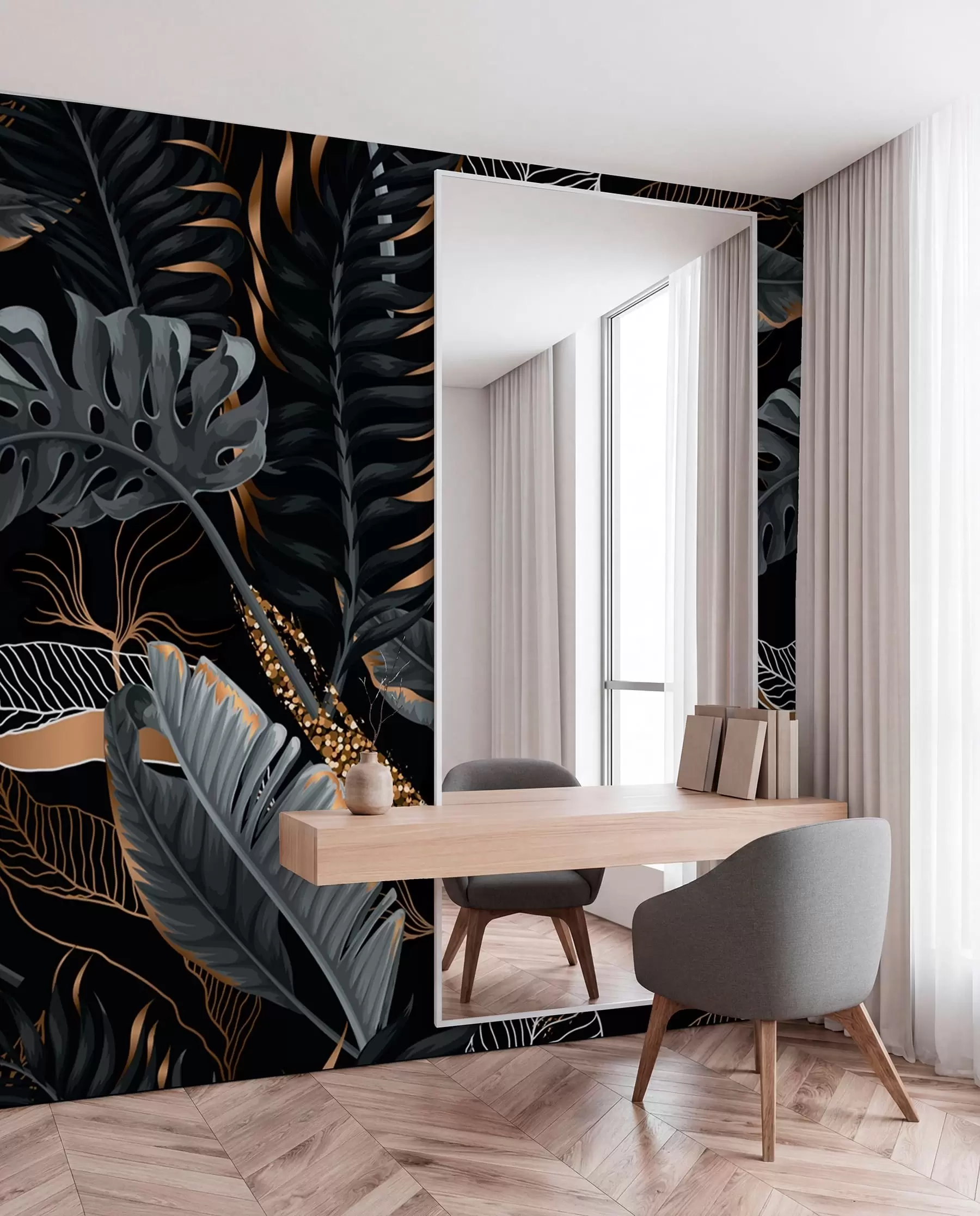 wall murals Тропско лишће на црној позадини u71889
