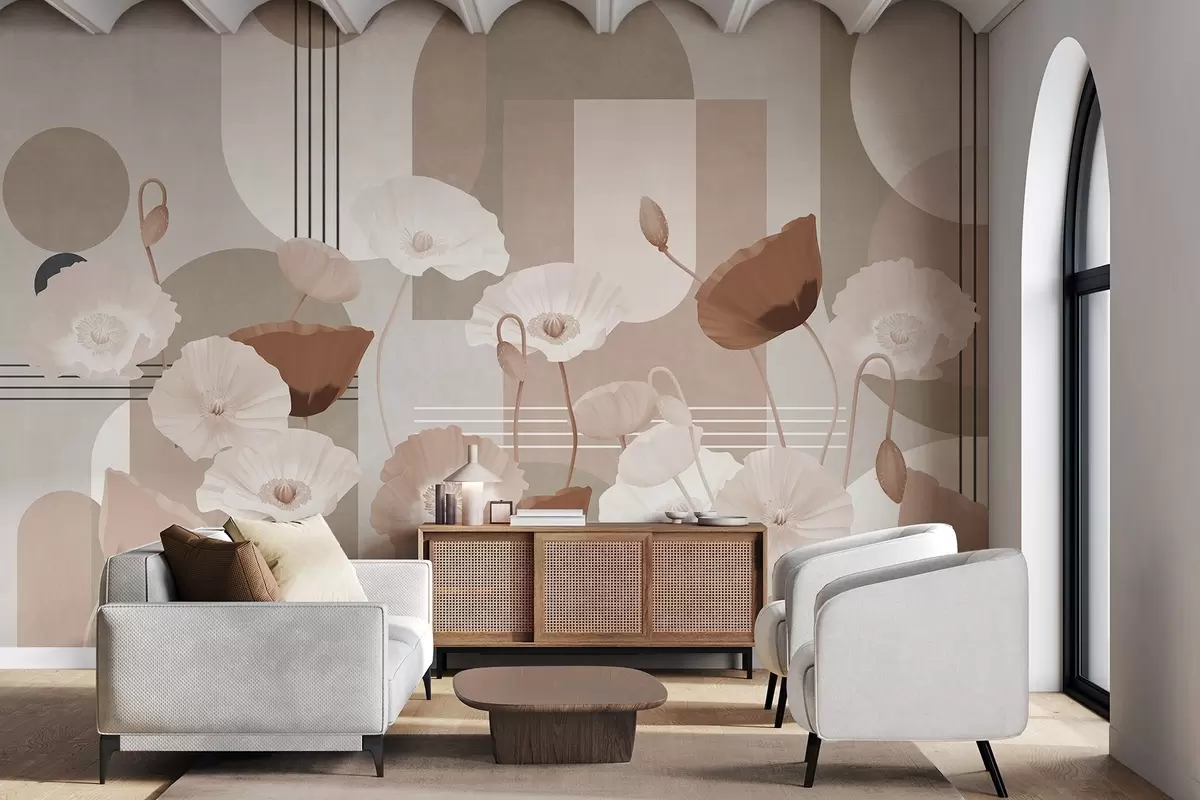 wall murals Макови у белој и беж боји са геометријским облицима у позадини, круговима и луковима, минималистички стил, меке боје w09289