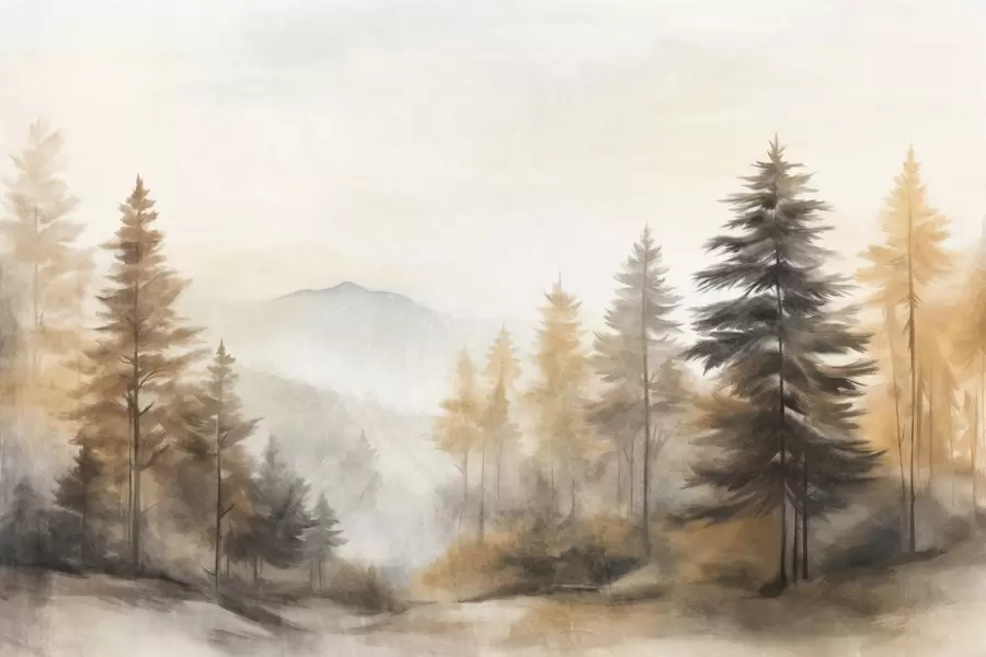 wall murals Текстурирана јесења шума са високим боровима и планинама у позадини, боје су пригушене и земљаног стила сликања w09290