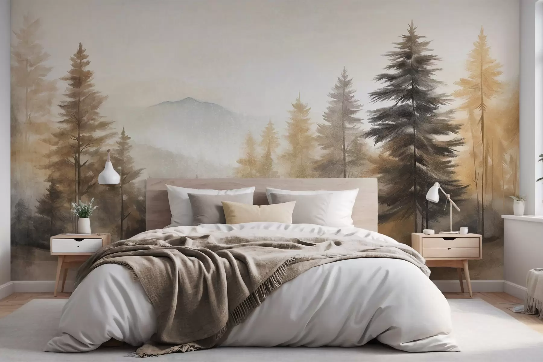 wall murals Текстурирана јесења шума са високим боровима и планинама у позадини, боје су пригушене и земљаног стила сликања w09290