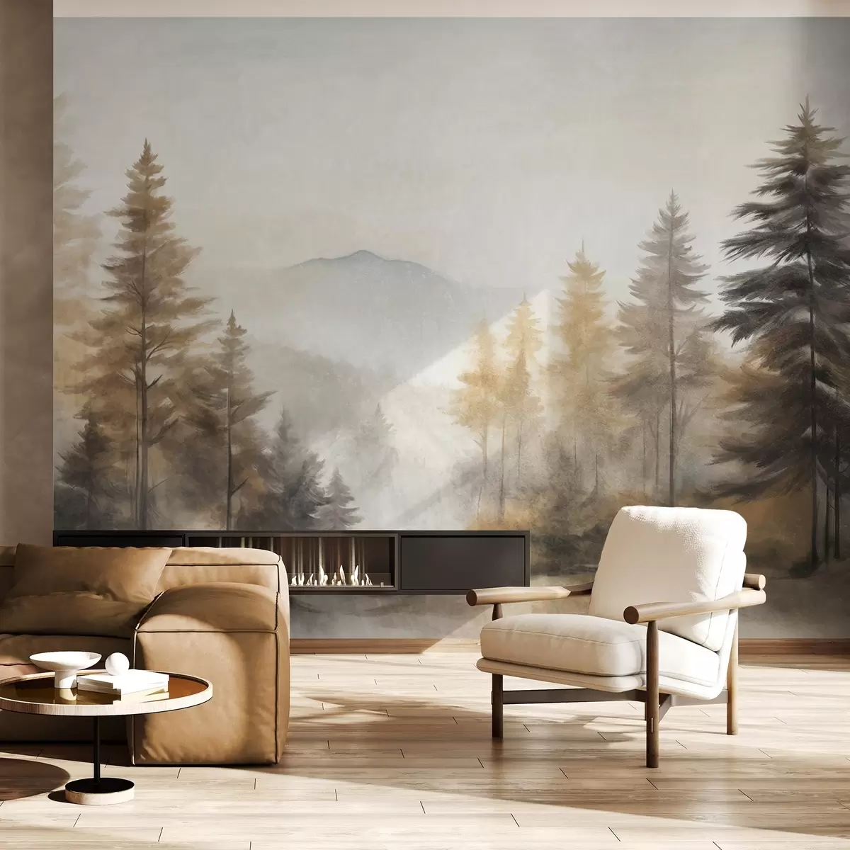 wall murals Текстурирана јесења шума са високим боровима и планинама у позадини, боје су пригушене и земљаног стила сликања w09290