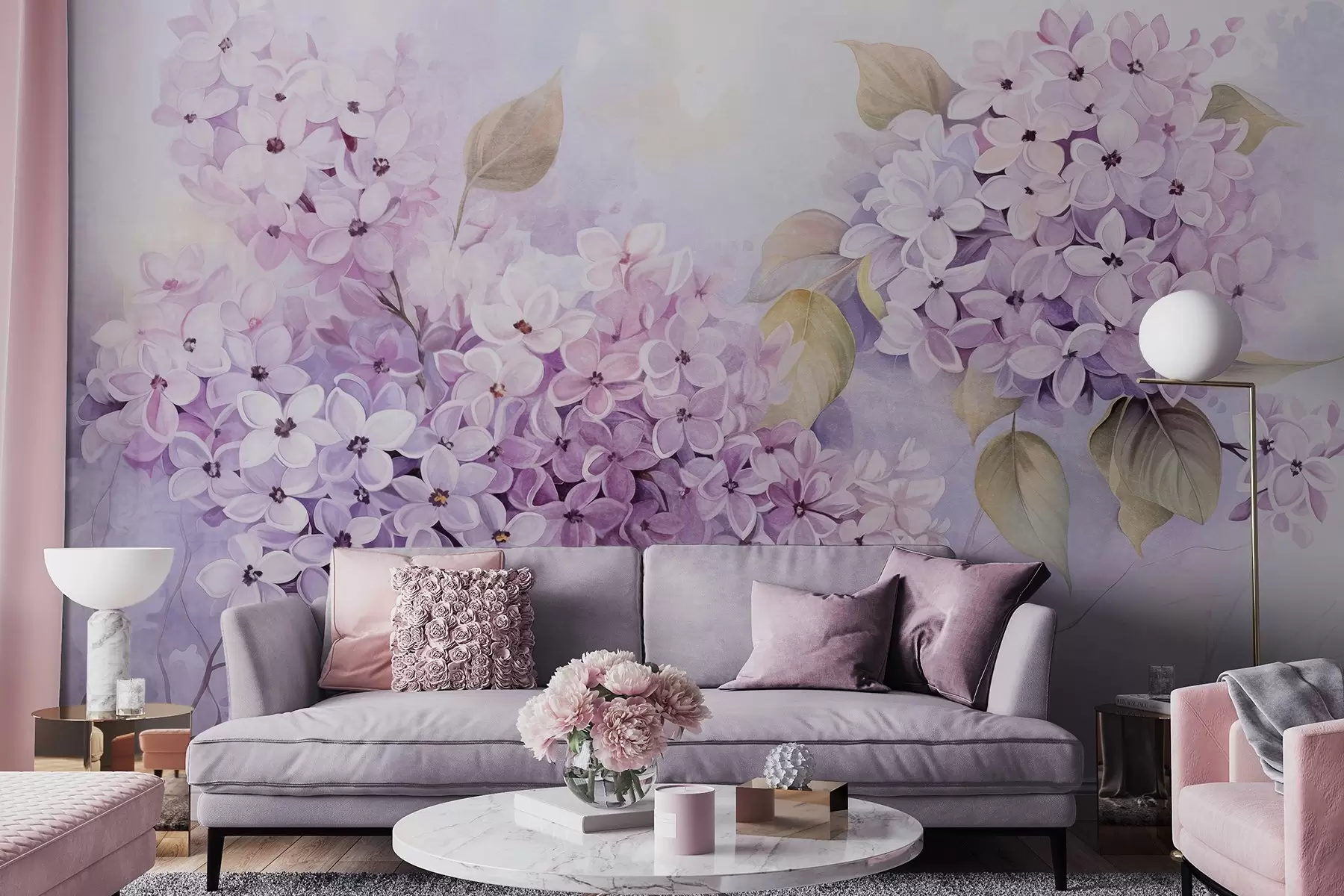 wall murals Лила текстурирано цвеће са светло љубичастим латицама, светло зеленим листовима, акварел стил, меке, пастелне боје, нежни потези четкицом w09291