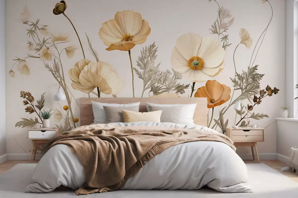 wall murals Наранџасти и бели винтаге текстурирани макови са танким стабљикама и листовима, светло беж позадина, акварел стил w09293