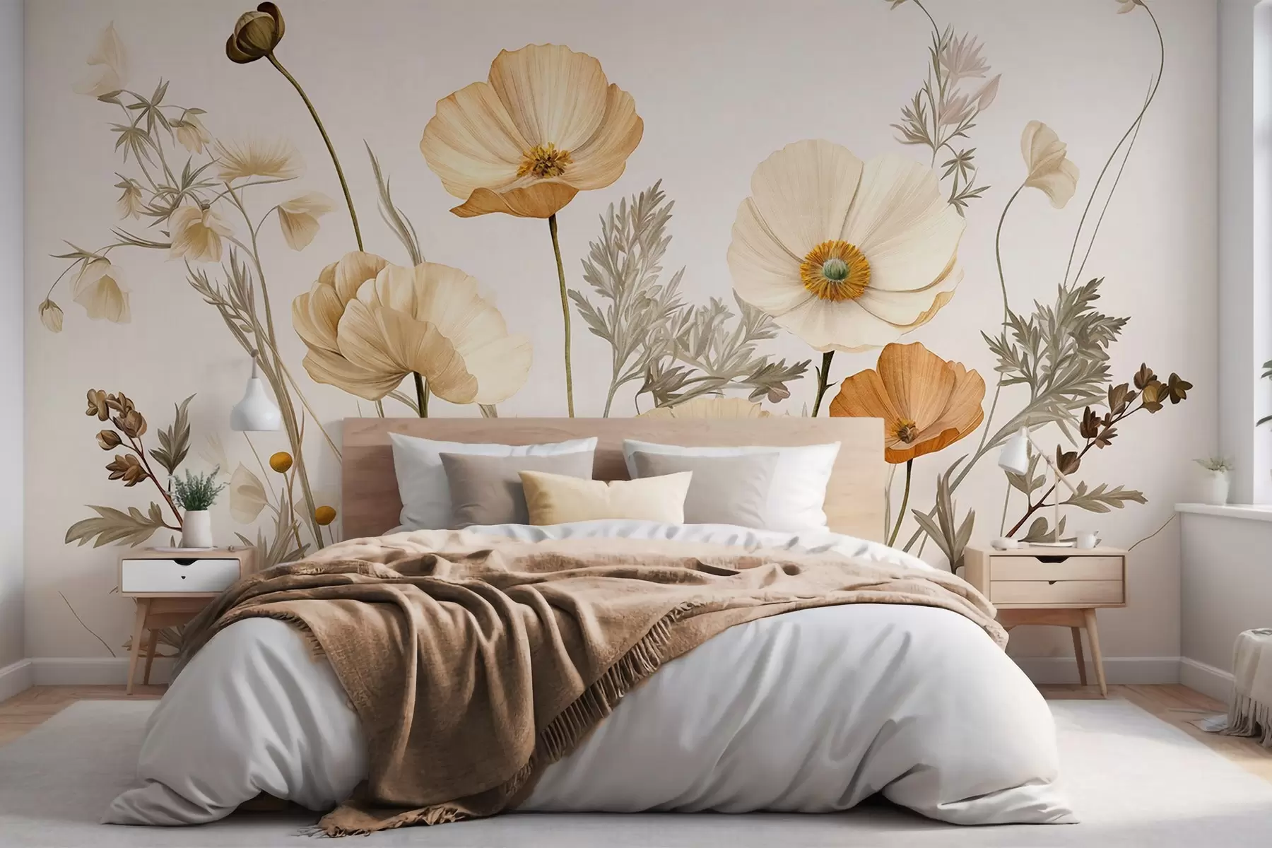 wall murals Наранџасти и бели винтаге текстурирани макови са танким стабљикама и листовима, светло беж позадина, акварел стил w09293