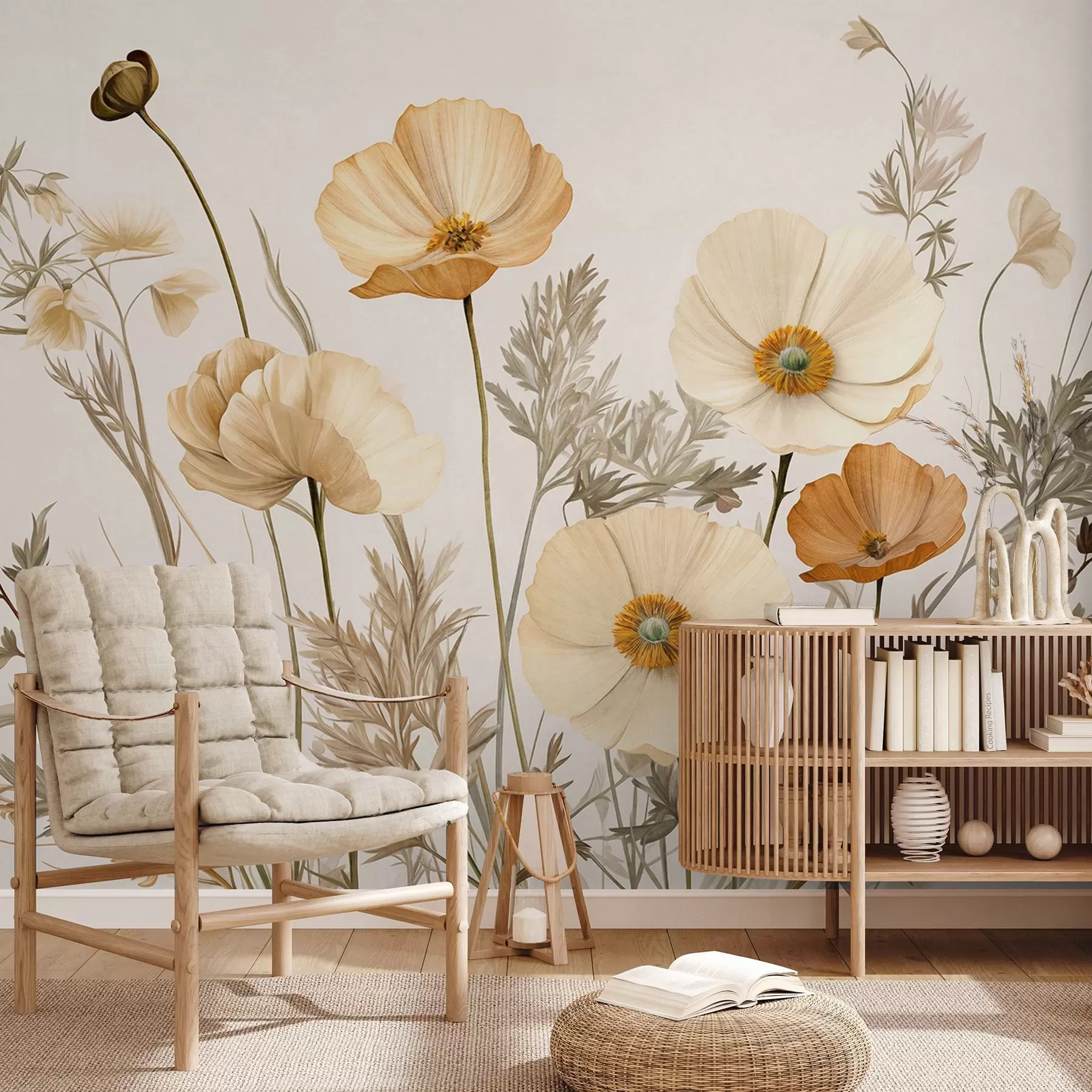 wall murals Наранџасти и бели винтаге текстурирани макови са танким стабљикама и листовима, светло беж позадина, акварел стил w09293