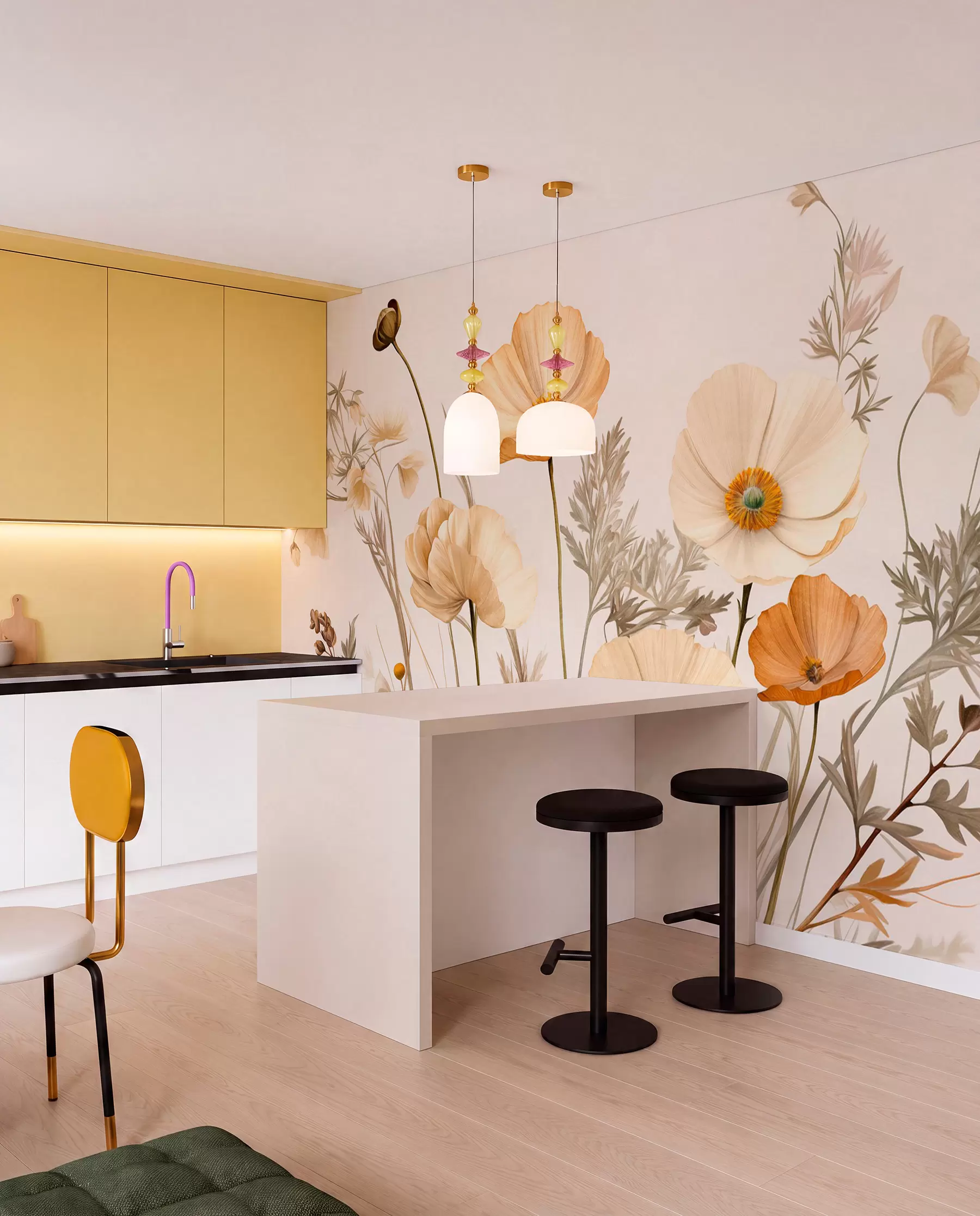 wall murals Наранџасти и бели винтаге текстурирани макови са танким стабљикама и листовима, светло беж позадина, акварел стил w09293