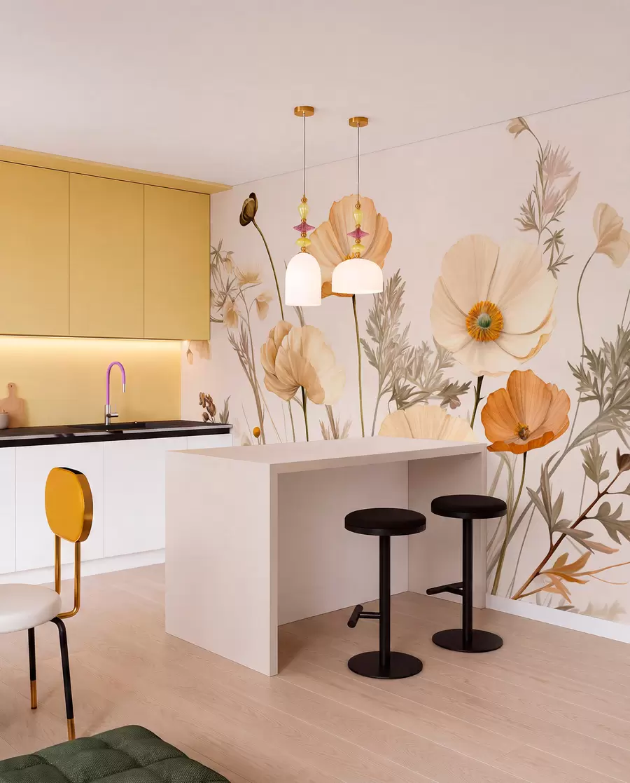 wall murals Наранџасти и бели винтаге текстурирани макови са танким стабљикама и листовима, светло беж позадина, акварел стил w09293