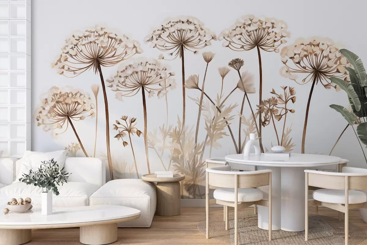 wall murals Цветови чипке краљице Ане у пољу, имитација текстуриране слике, палета боја смеђе, беж и беле, ботаничка илустрација w09294