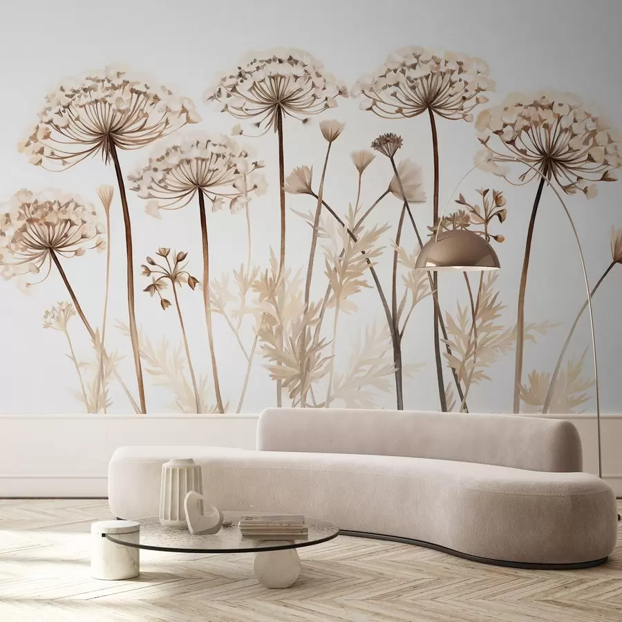 wall murals Цветови чипке краљице Ане у пољу, имитација текстуриране слике, палета боја смеђе, беж и беле, ботаничка илустрација w09294