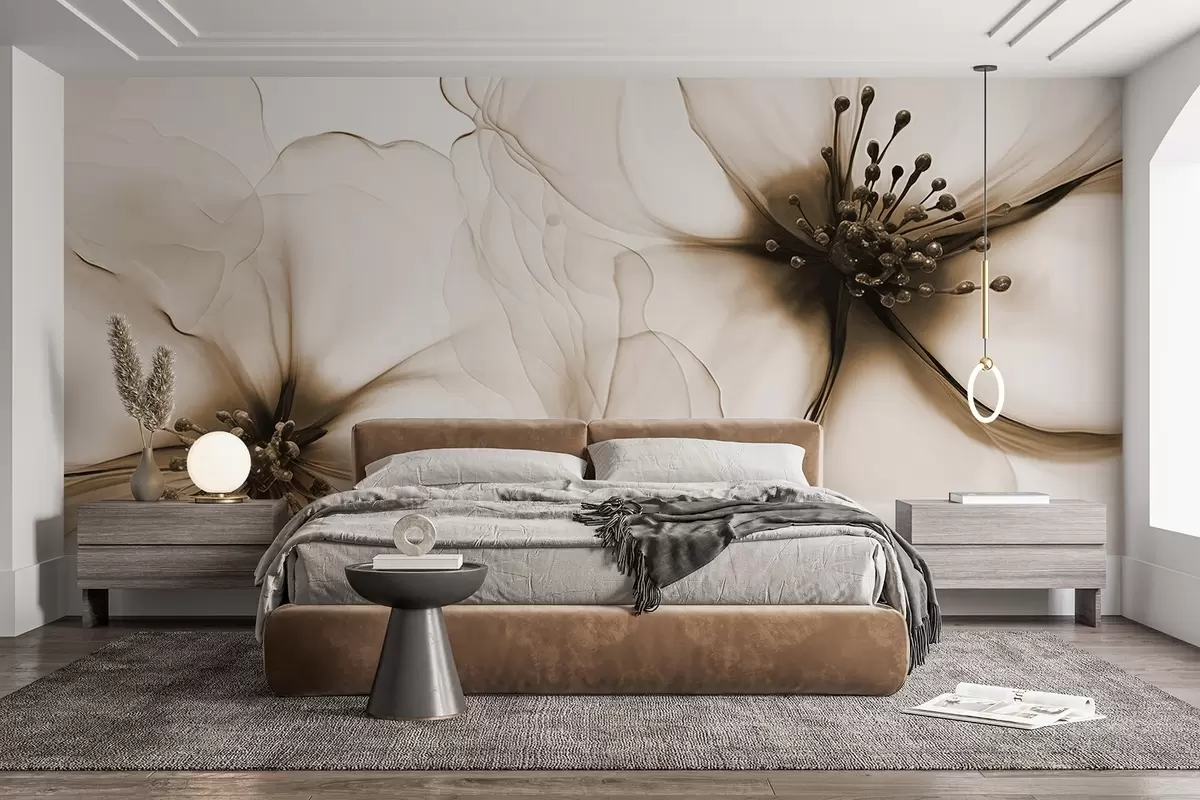 wall murals Два провидна текстурирана смеђа цвета са видљивим прашницима, преклапајућим нежним латицама и меком, текућом текстуром w09295