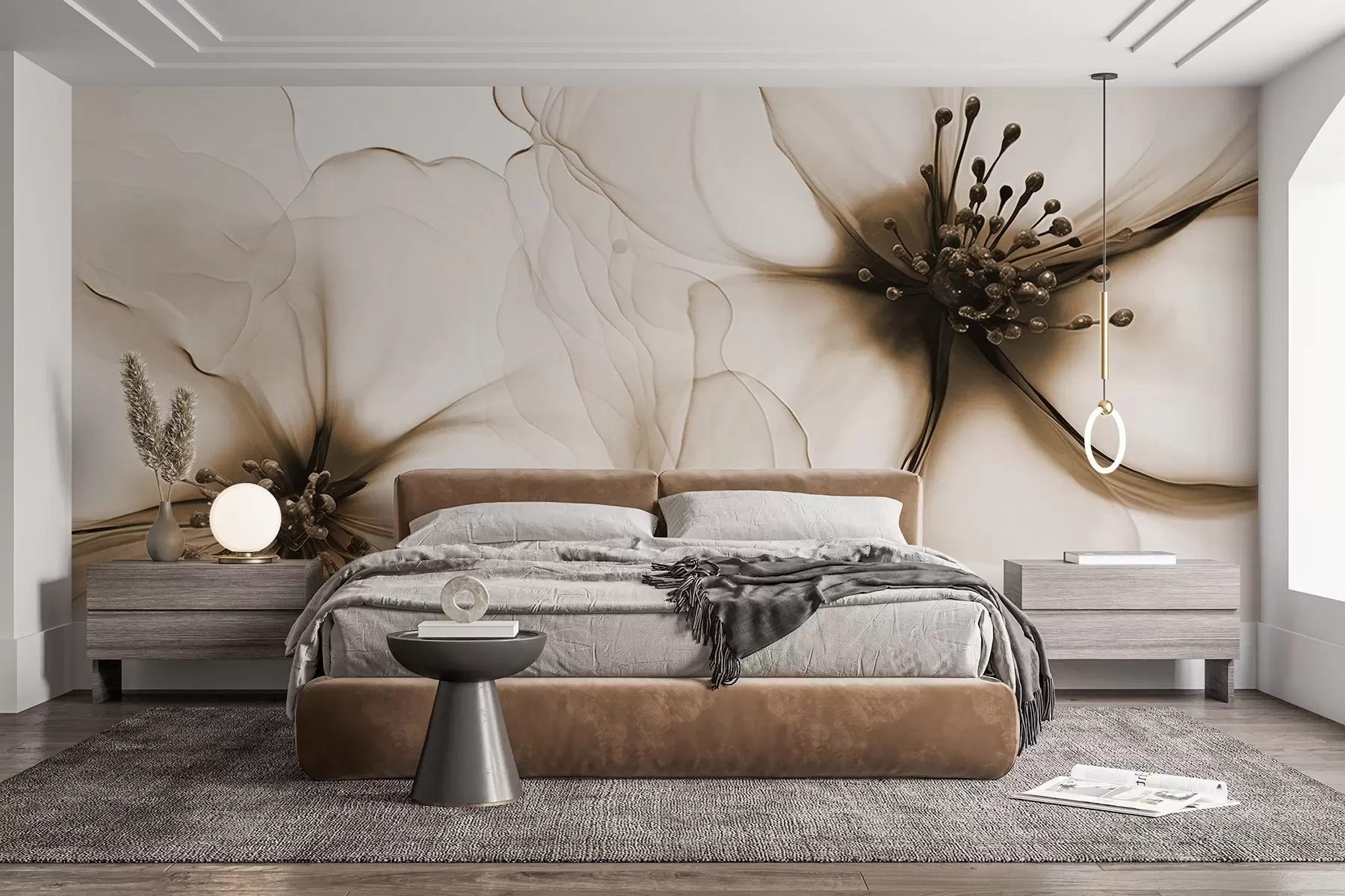 wall murals Два провидна текстурирана смеђа цвета са видљивим прашницима, преклапајућим нежним латицама и меком, текућом текстуром w09295