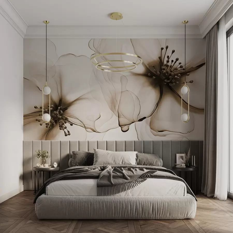 wall murals Два провидна текстурирана смеђа цвета са видљивим прашницима, преклапајућим нежним латицама и меком, текућом текстуром w09295