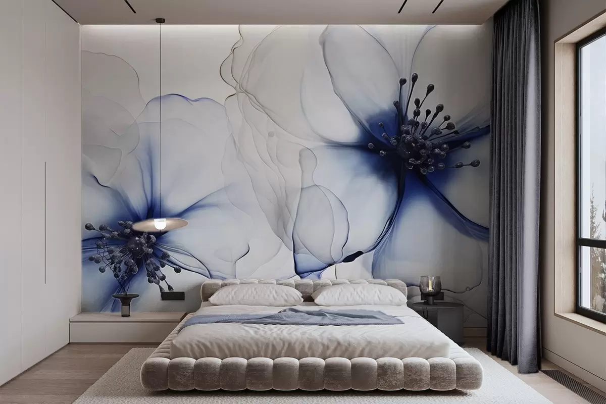 wall murals Два провидна текстурирана плава цвета са видљивим прашницима, преклапајућим нежним латицама и меком, течном текстуром w09295v1