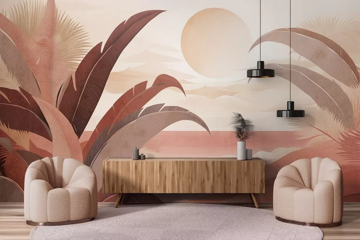 wall murals Тропски текстурирани апстрактни пејзаж са палминим листовима и великим сунцем на небу, топла палета боја, минималистички стил, стилизован w09296