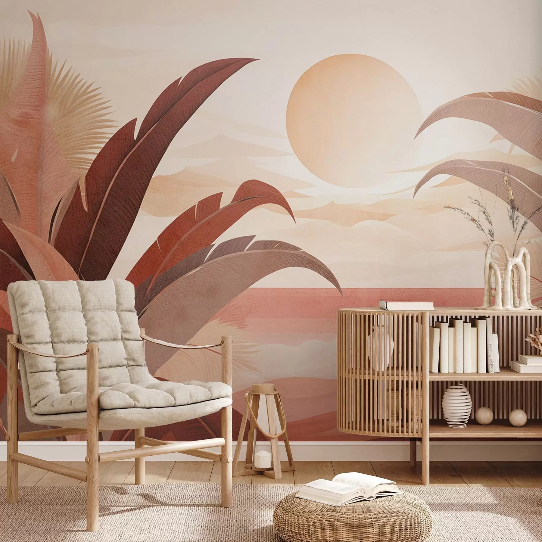 wall murals Тропски текстурирани апстрактни пејзаж са палминим листовима и великим сунцем на небу, топла палета боја, минималистички стил, стилизован w09296