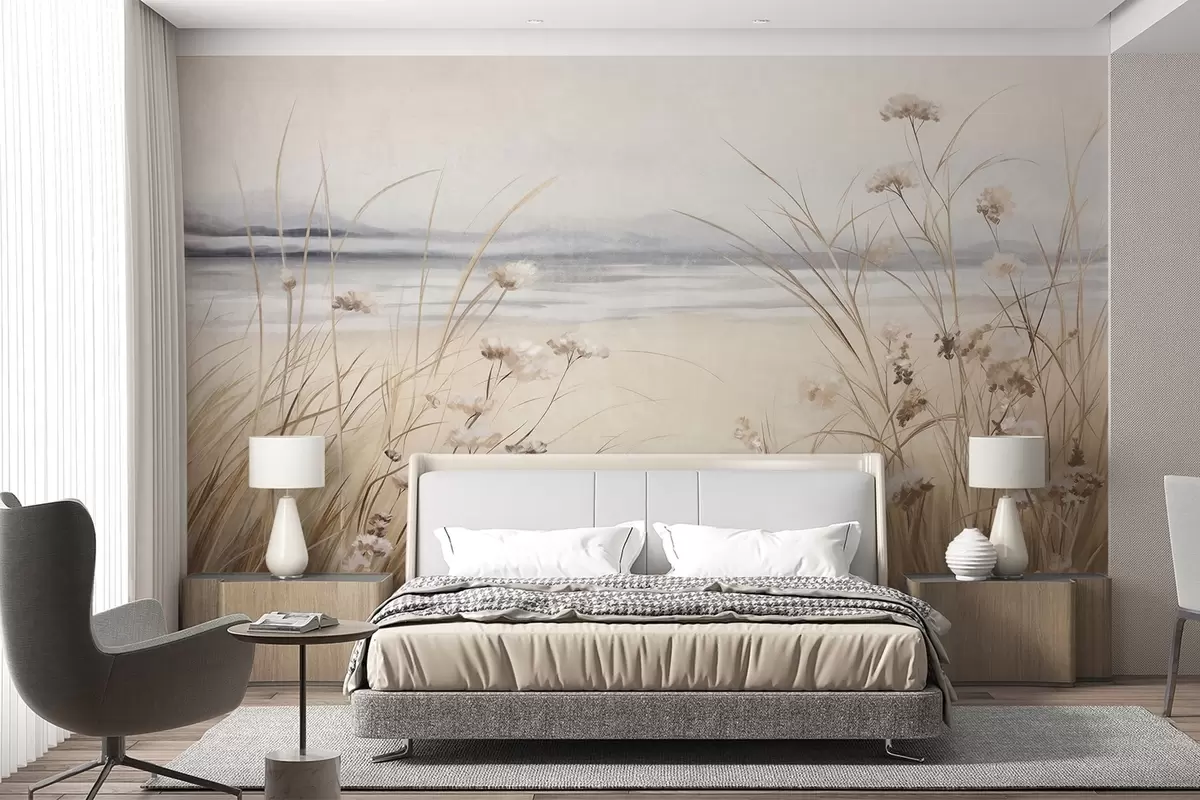wall murals Поље пшенице са белим цвећем у првом плану, плажа и океан у позадини, неутралне пастелне пригушене боје w09298
