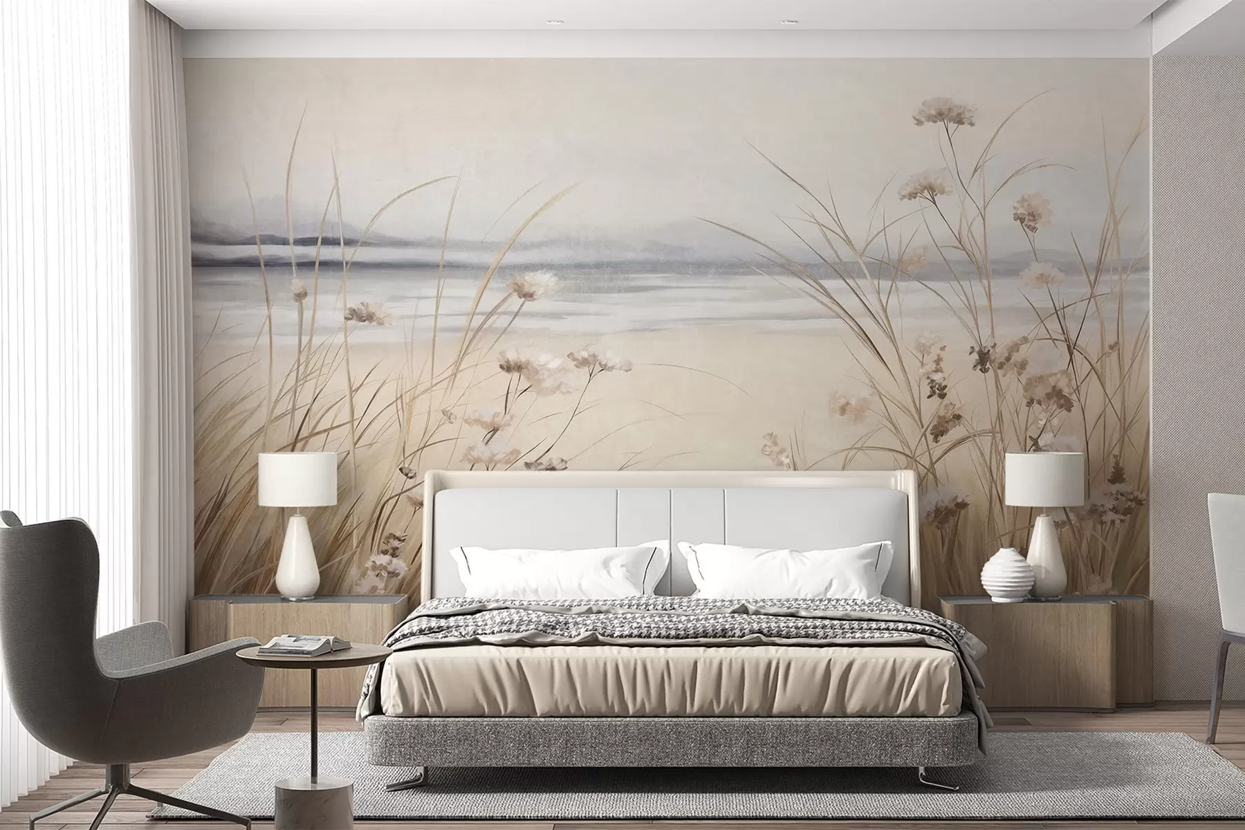wall murals Поље пшенице са белим цвећем у првом плану, плажа и океан у позадини, неутралне пастелне пригушене боје w09298