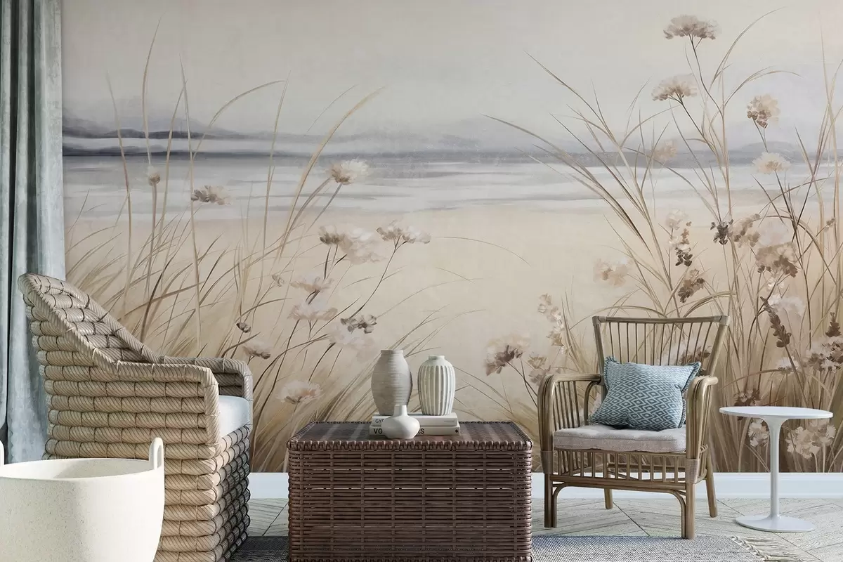 wall murals Поље пшенице са белим цвећем у првом плану, плажа и океан у позадини, неутралне пастелне пригушене боје w09298