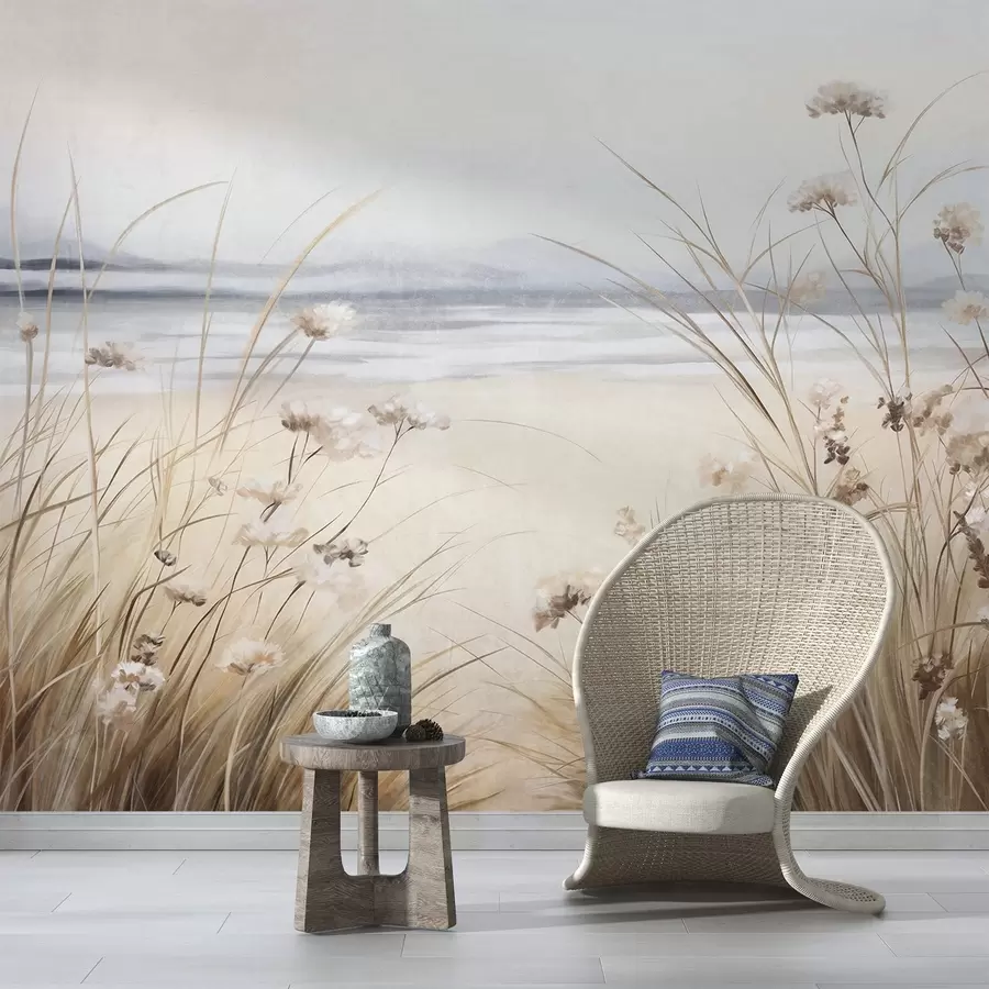 wall murals Поље пшенице са белим цвећем у првом плану, плажа и океан у позадини, неутралне пастелне пригушене боје w09298