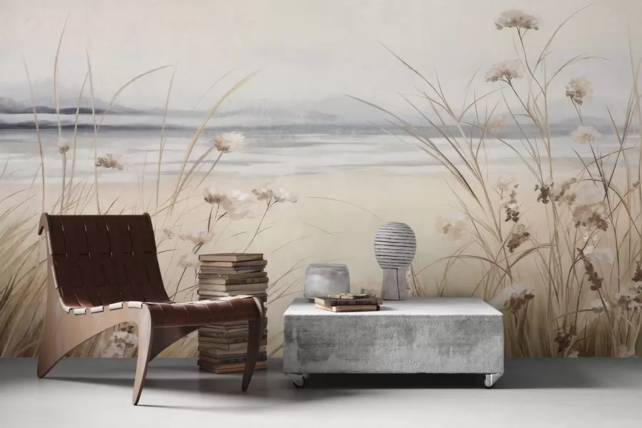 wall murals Поље пшенице са белим цвећем у првом плану, плажа и океан у позадини, неутралне пастелне пригушене боје w09298