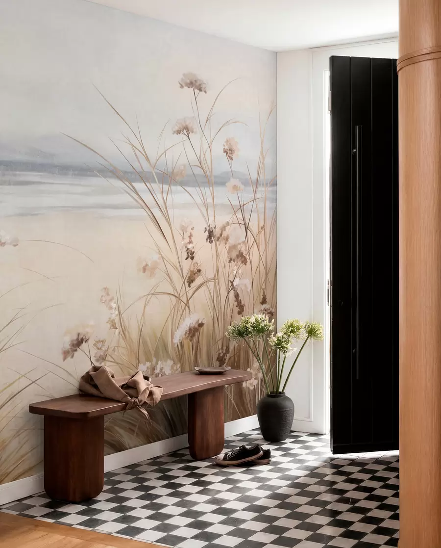 wall murals Поље пшенице са белим цвећем у првом плану, плажа и океан у позадини, неутралне пастелне пригушене боје w09298