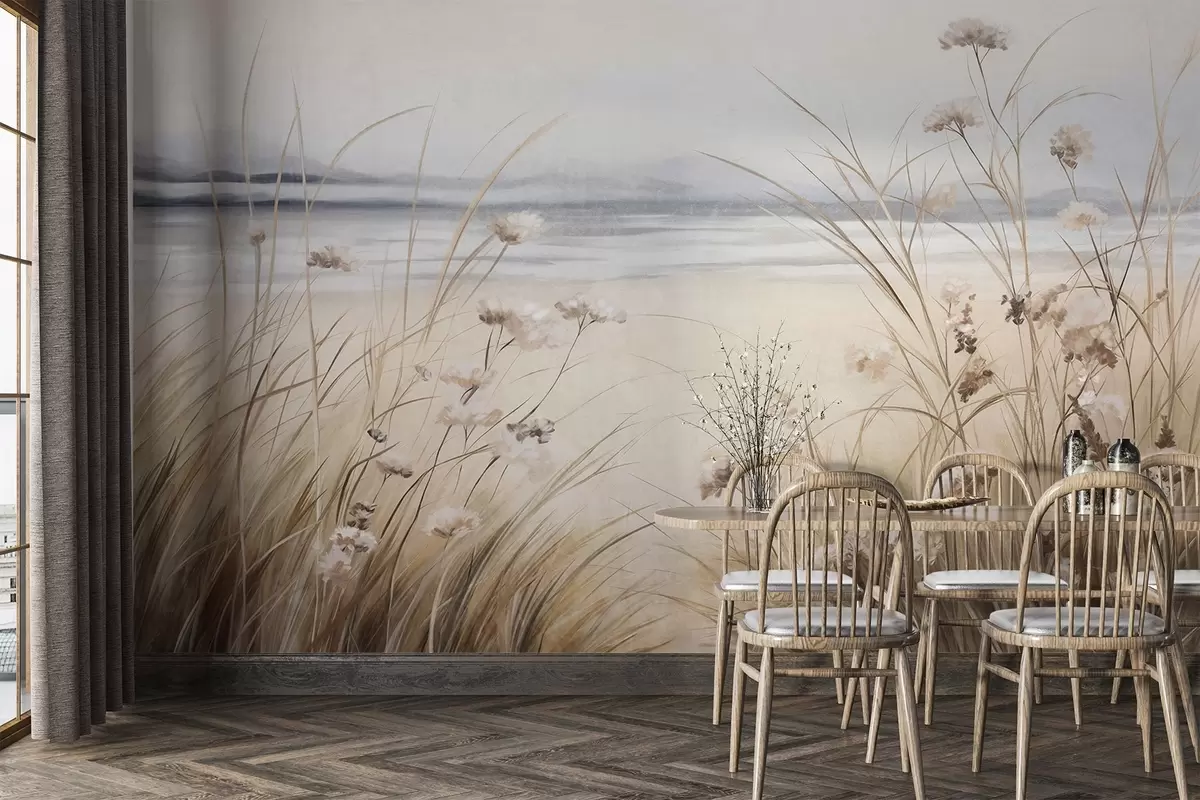 wall murals Поље пшенице са белим цвећем у првом плану, плажа и океан у позадини, неутралне пастелне пригушене боје w09298