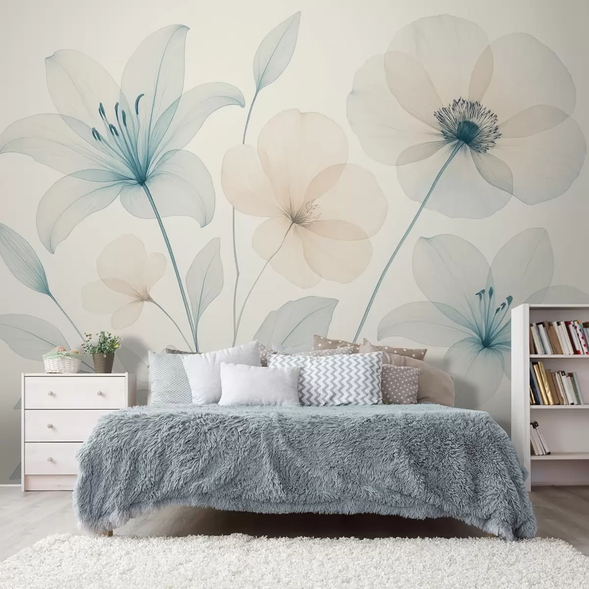 wall murals Нежно цвеће у пастелно плавом и кремастом акварел стилу w09287