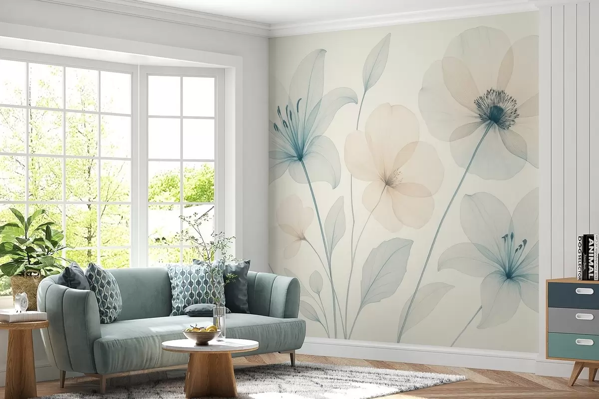 wall murals Нежно цвеће у пастелно плавом и кремастом акварел стилу w09287
