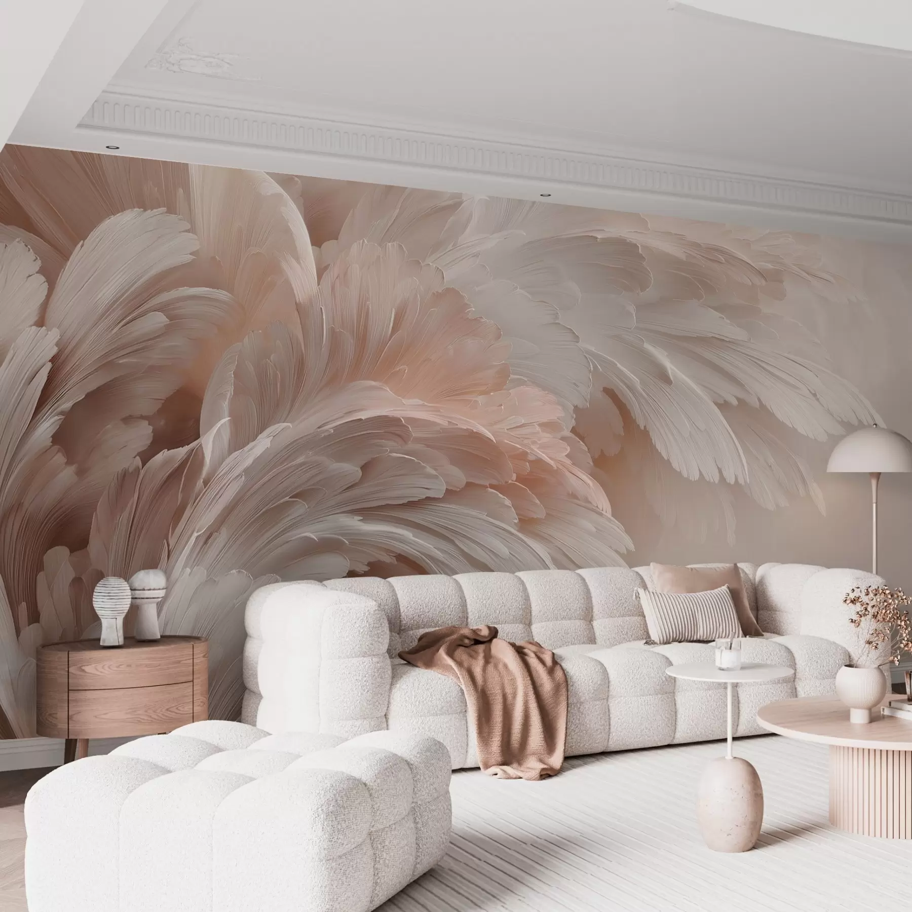 wall murals Прозрачно перје и латице у кремасто ружичастим нијансама w09301