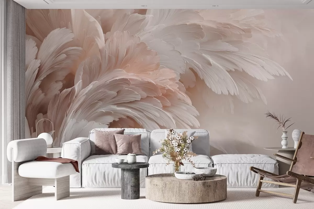 wall murals Прозрачно перје и латице у кремасто ружичастим нијансама w09301