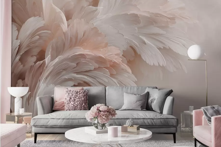wall murals Прозрачно перје и латице у кремасто ружичастим нијансама w09301