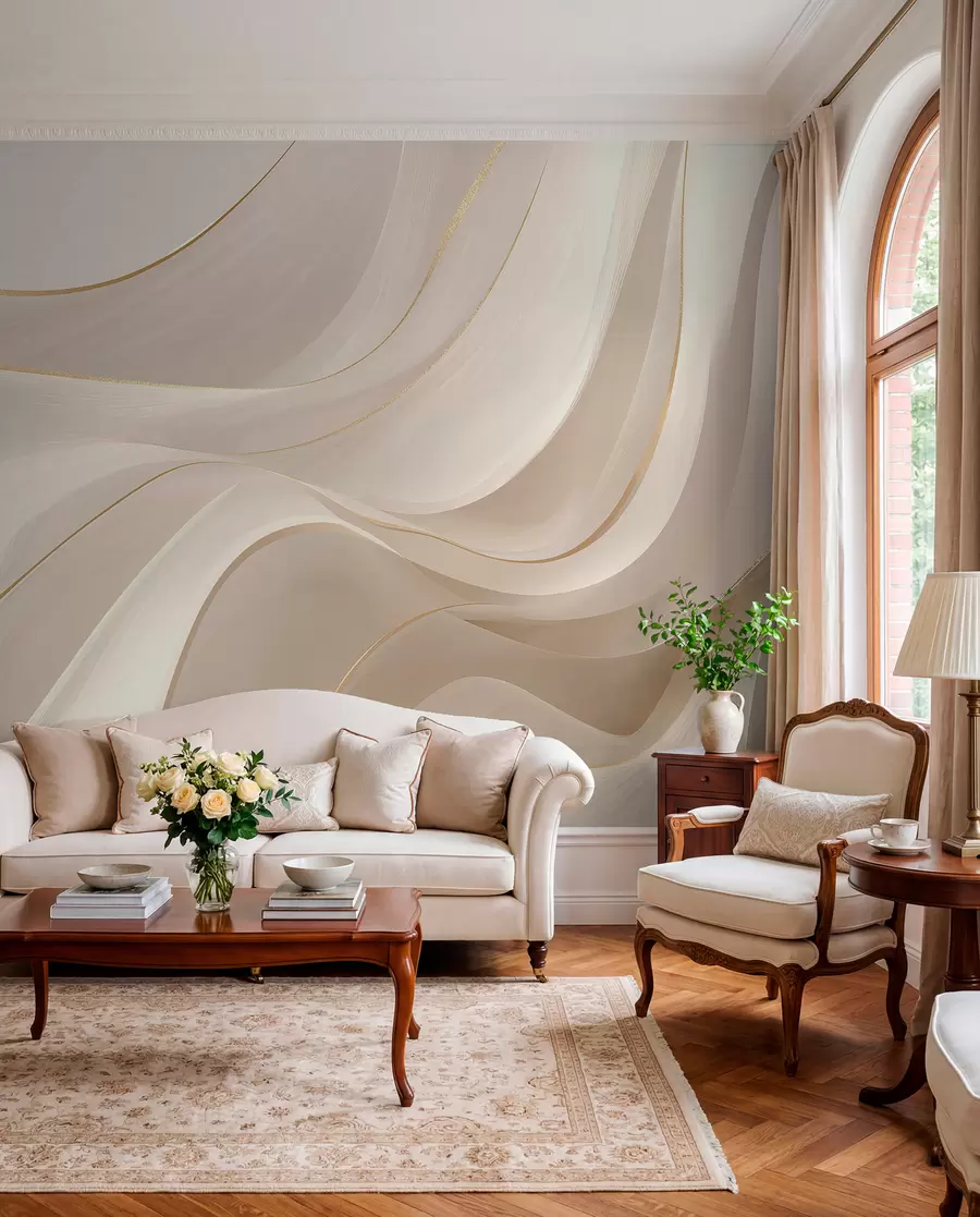 wall murals Течни таласи са жутим акцентима у кремастом светлу w09303