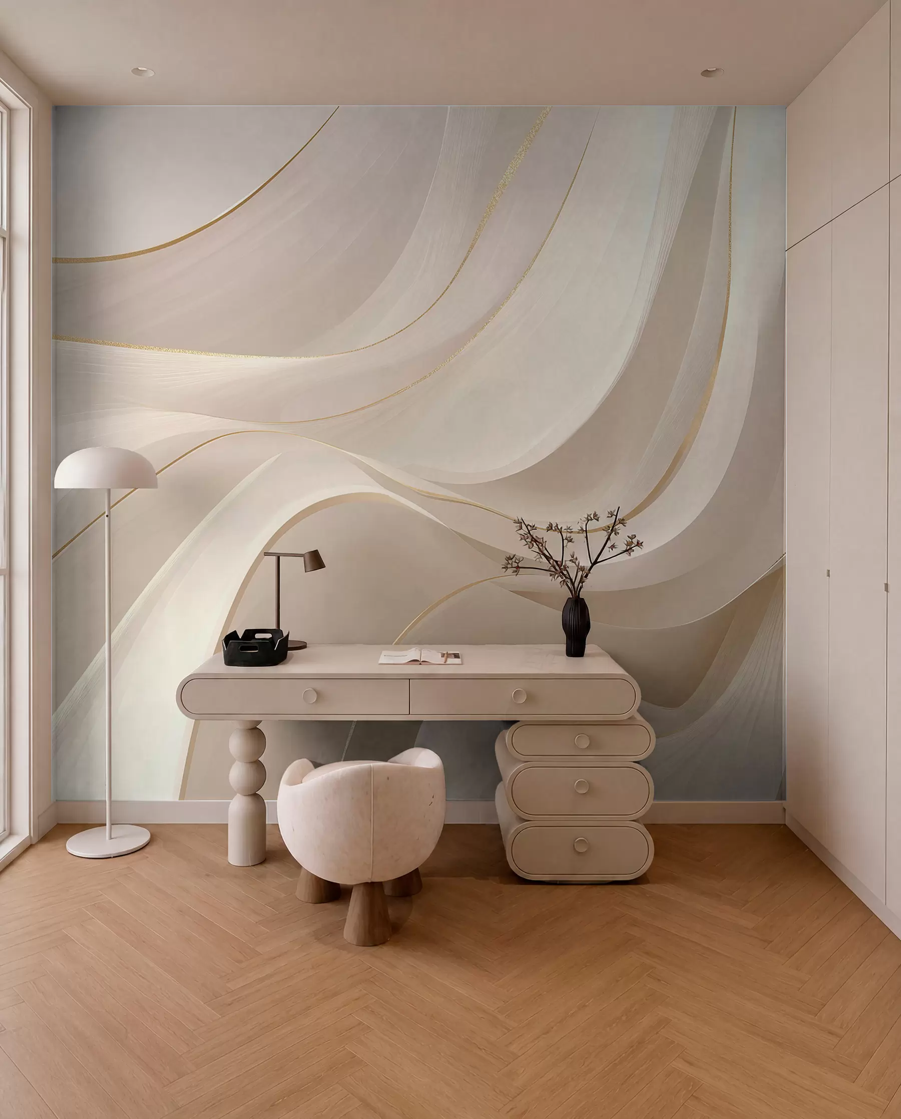 wall murals Течни таласи са жутим акцентима у кремастом светлу w09303