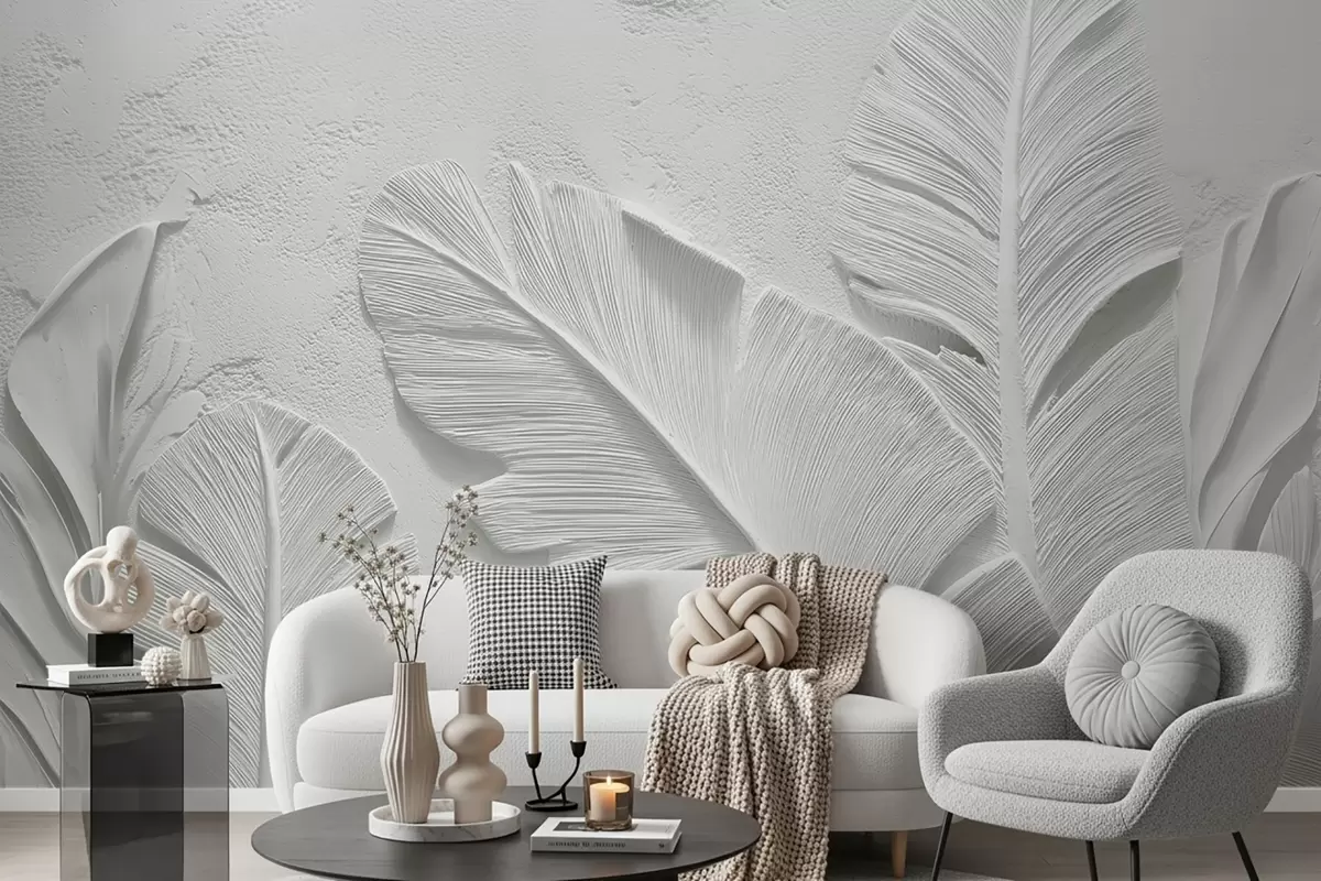 wall murals Текстурирано сиво лишће на позадини са рељефом од вештачког гипса w09307