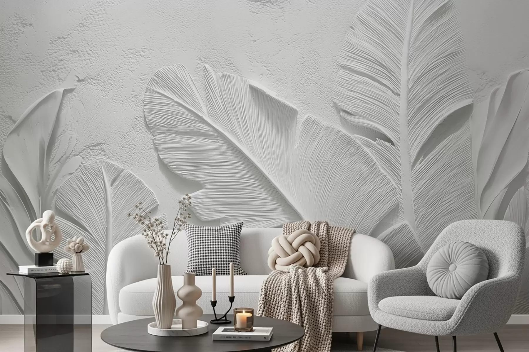 wall murals Текстурирано сиво лишће на позадини са рељефом од вештачког гипса w09307