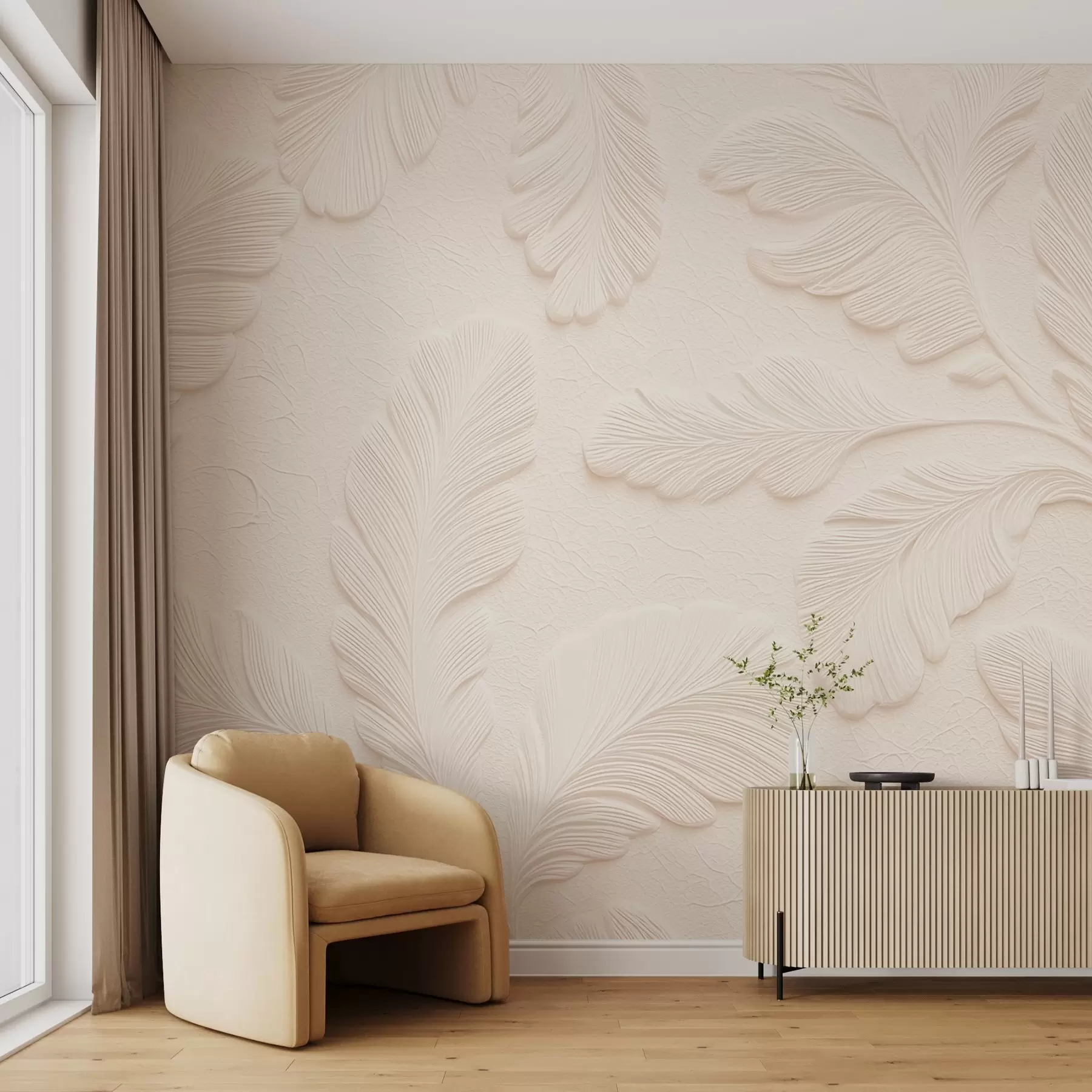 wall murals Рељефно лишће у сивој боји са ефектом испуцале текстуре w09309