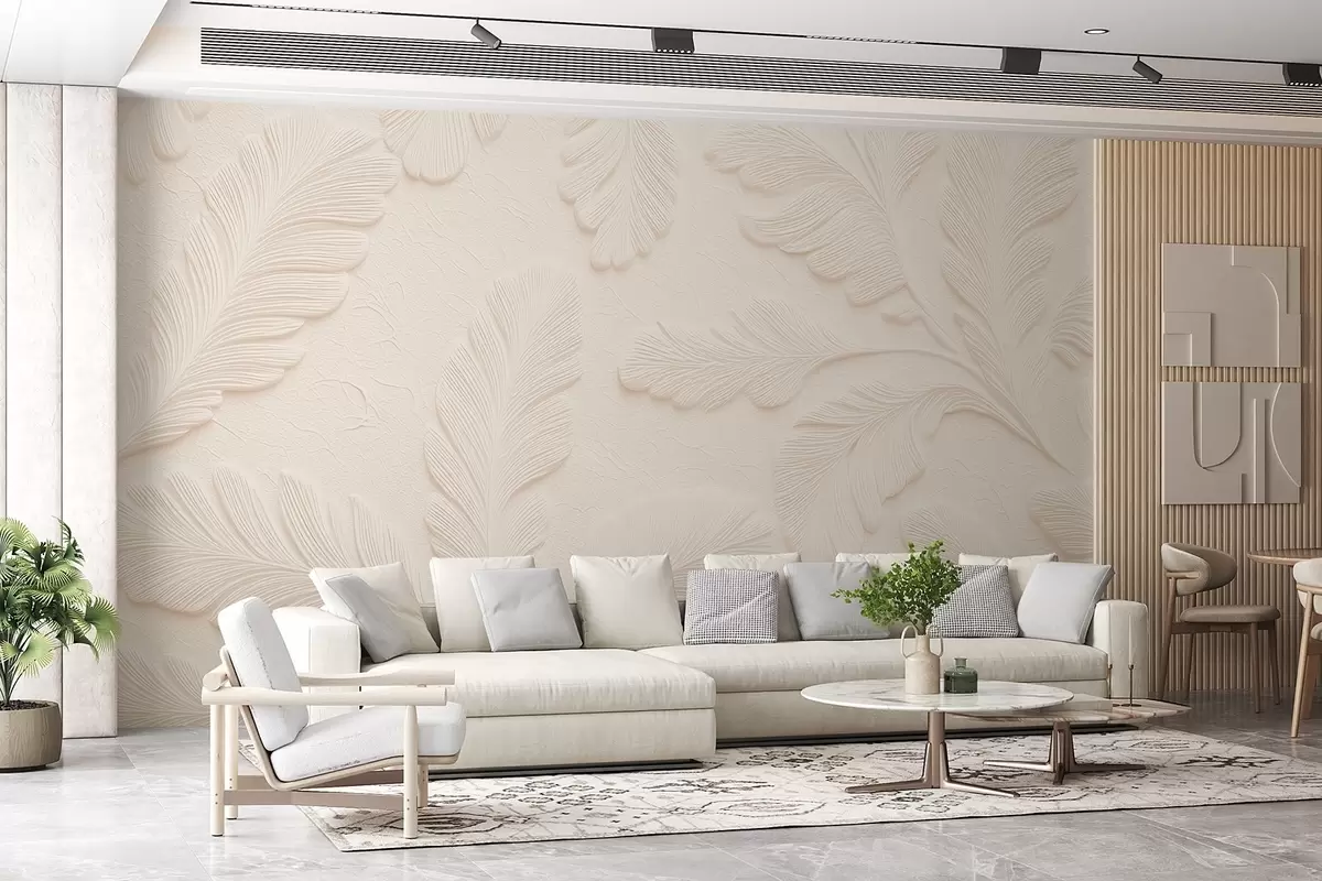 wall murals Рељефно лишће у сивој боји са ефектом испуцале текстуре w09309