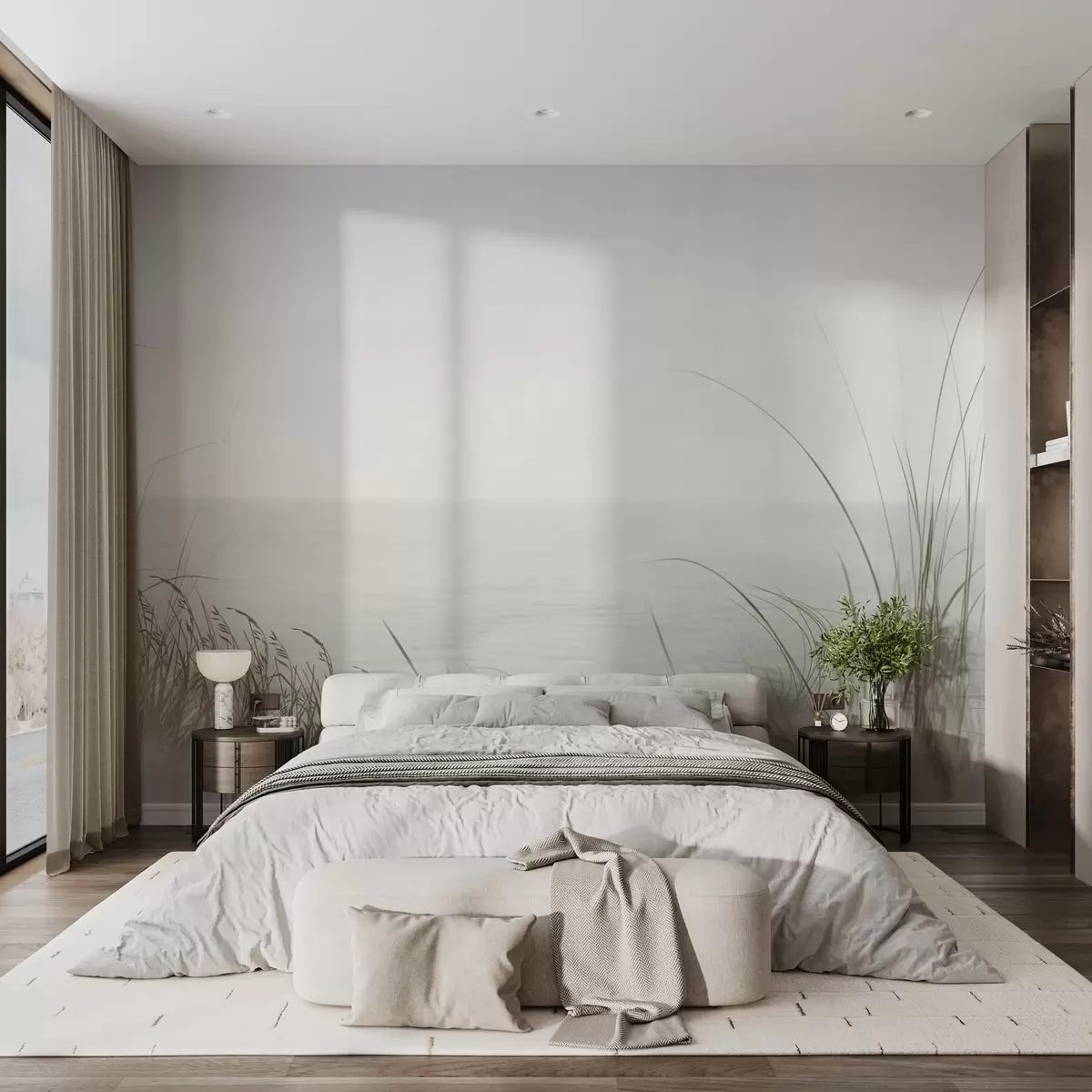 wall murals Магловита обала са нежним травама у првом плану w04339