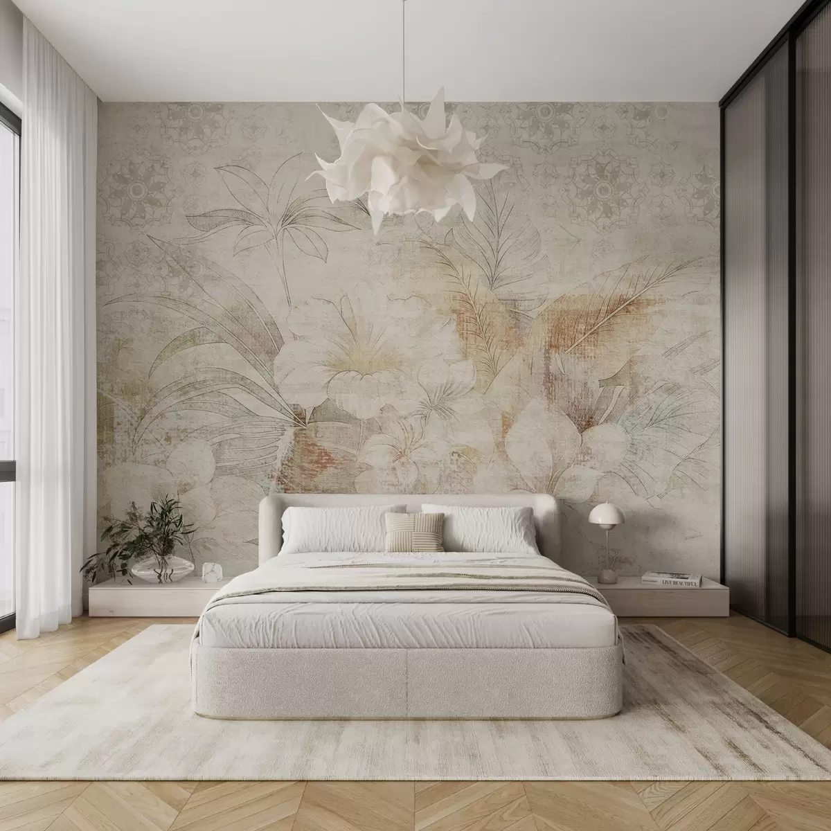 wall murals Цвеће и лишће на текстурираној позадини са орнаментима w04343
