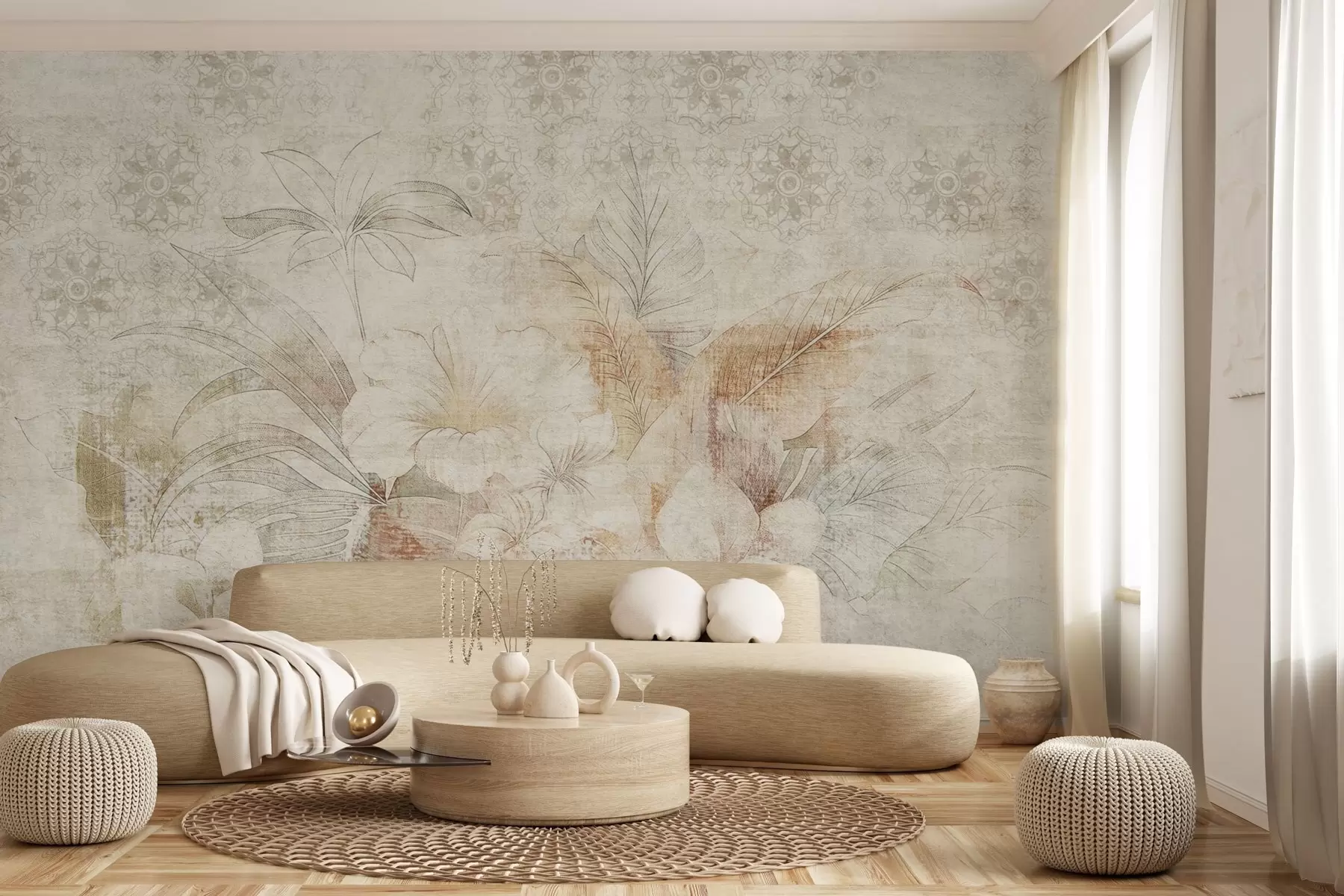 wall murals Цвеће и лишће на текстурираној позадини са орнаментима w04343