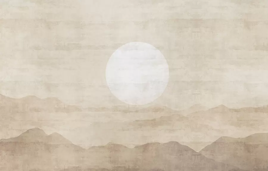 wall murals Минималистички планински пејзаж са великим белим сунцем w04345