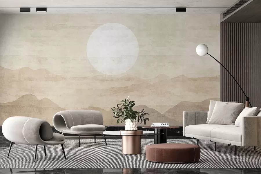 wall murals Минималистички планински пејзаж са великим белим сунцем w04345