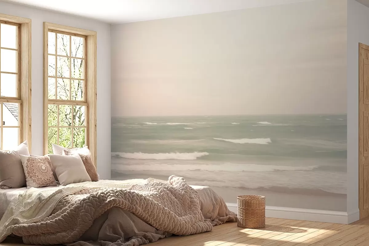 wall murals Нежно ружичасто-зелени морски пејзаж са благим таласима w04348