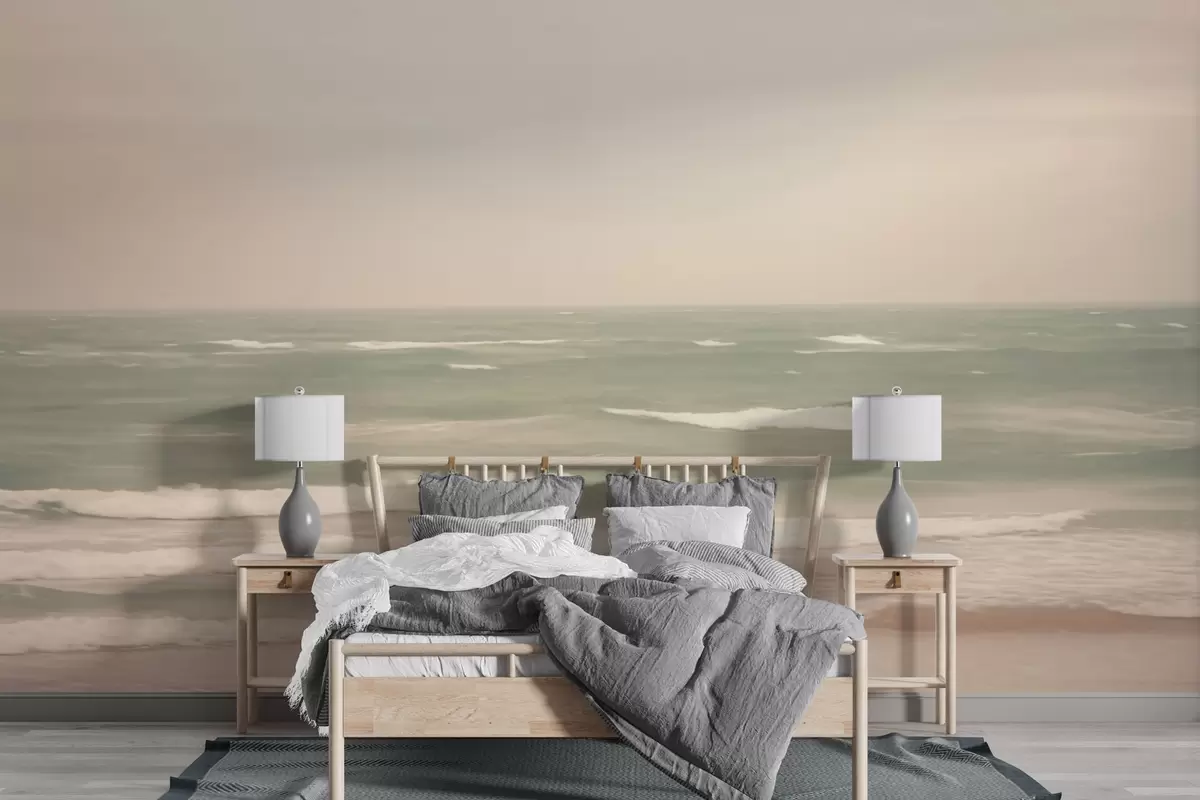 wall murals Нежно ружичасто-зелени морски пејзаж са благим таласима w04348