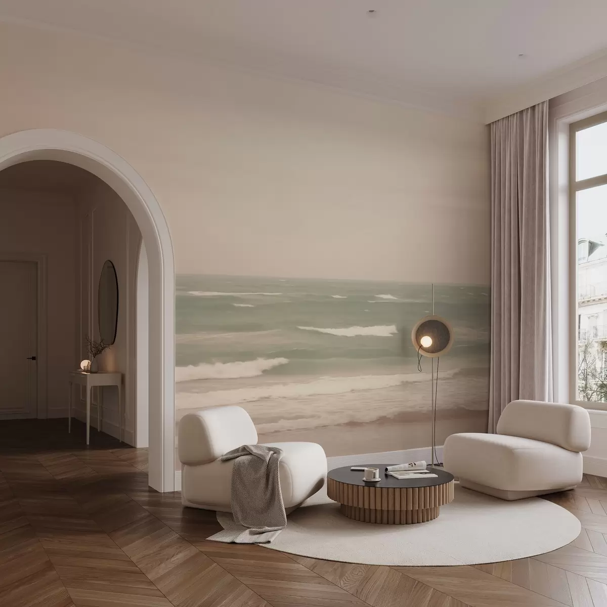 wall murals Нежно ружичасто-зелени морски пејзаж са благим таласима w04348